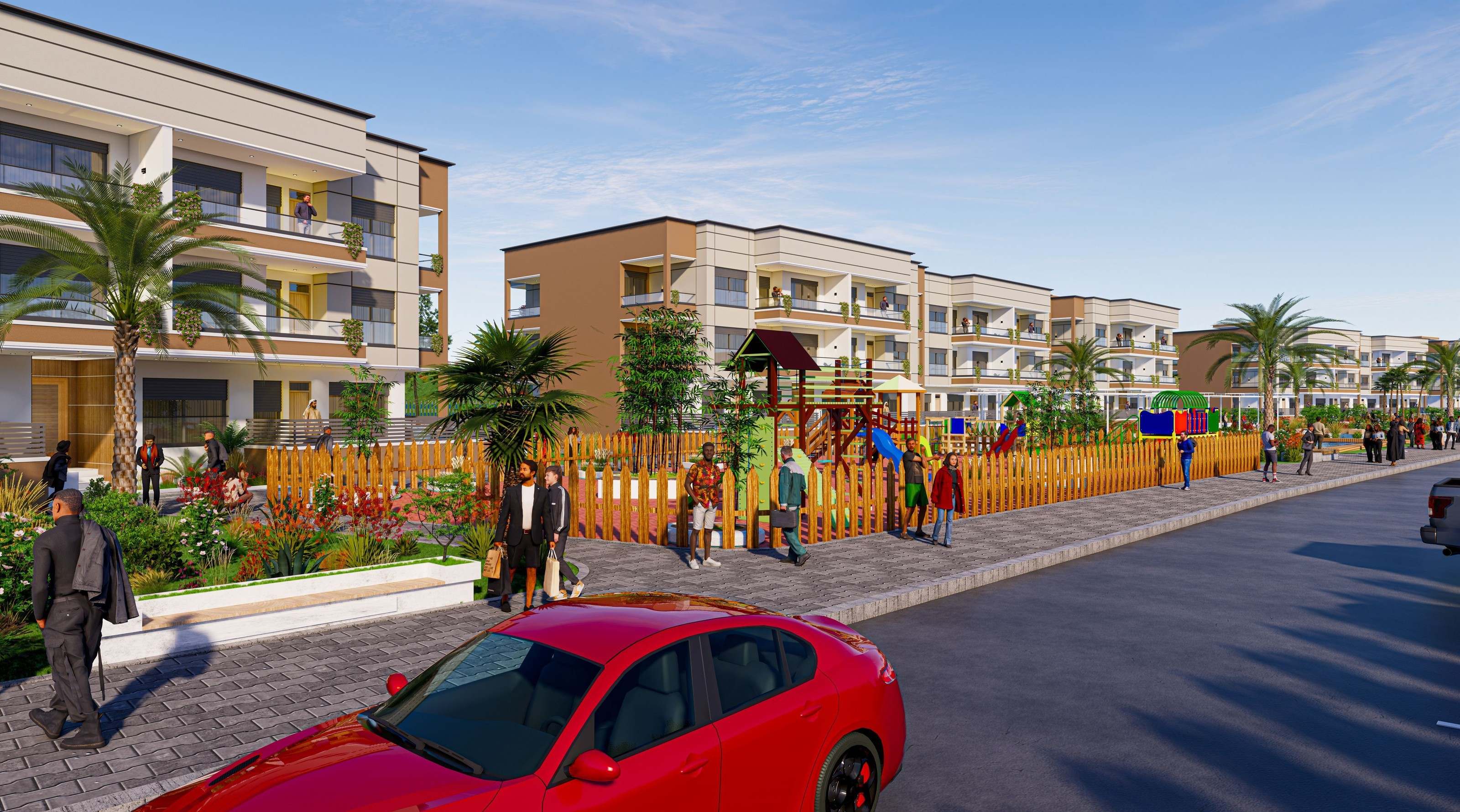 Jardin et aire de jeux de la Résidence Badr, à Nador — perspective d’architecte.