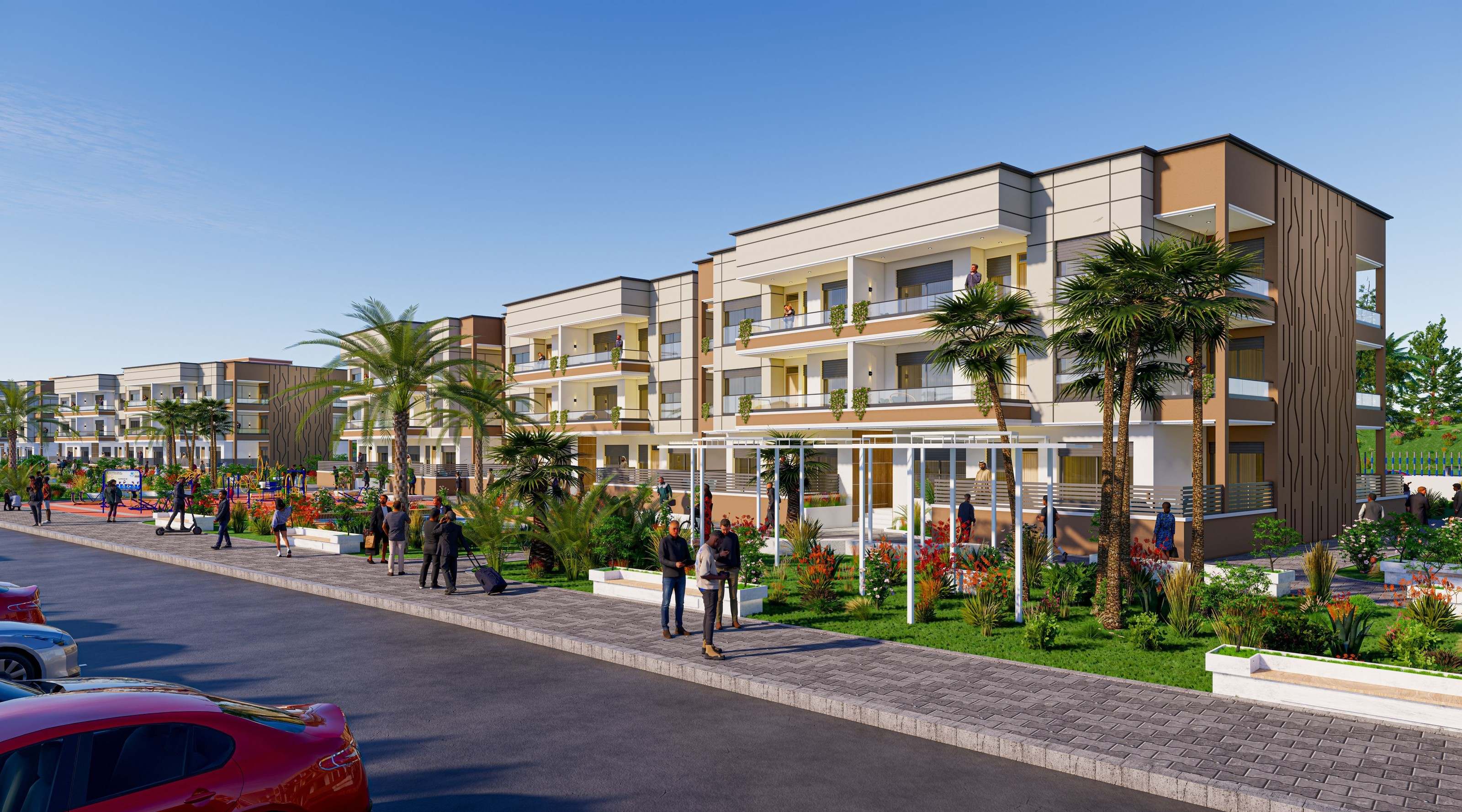 Allée de palmiers et jardins devant les bâtiments de la Résidence Badr — perspective d’architecte.