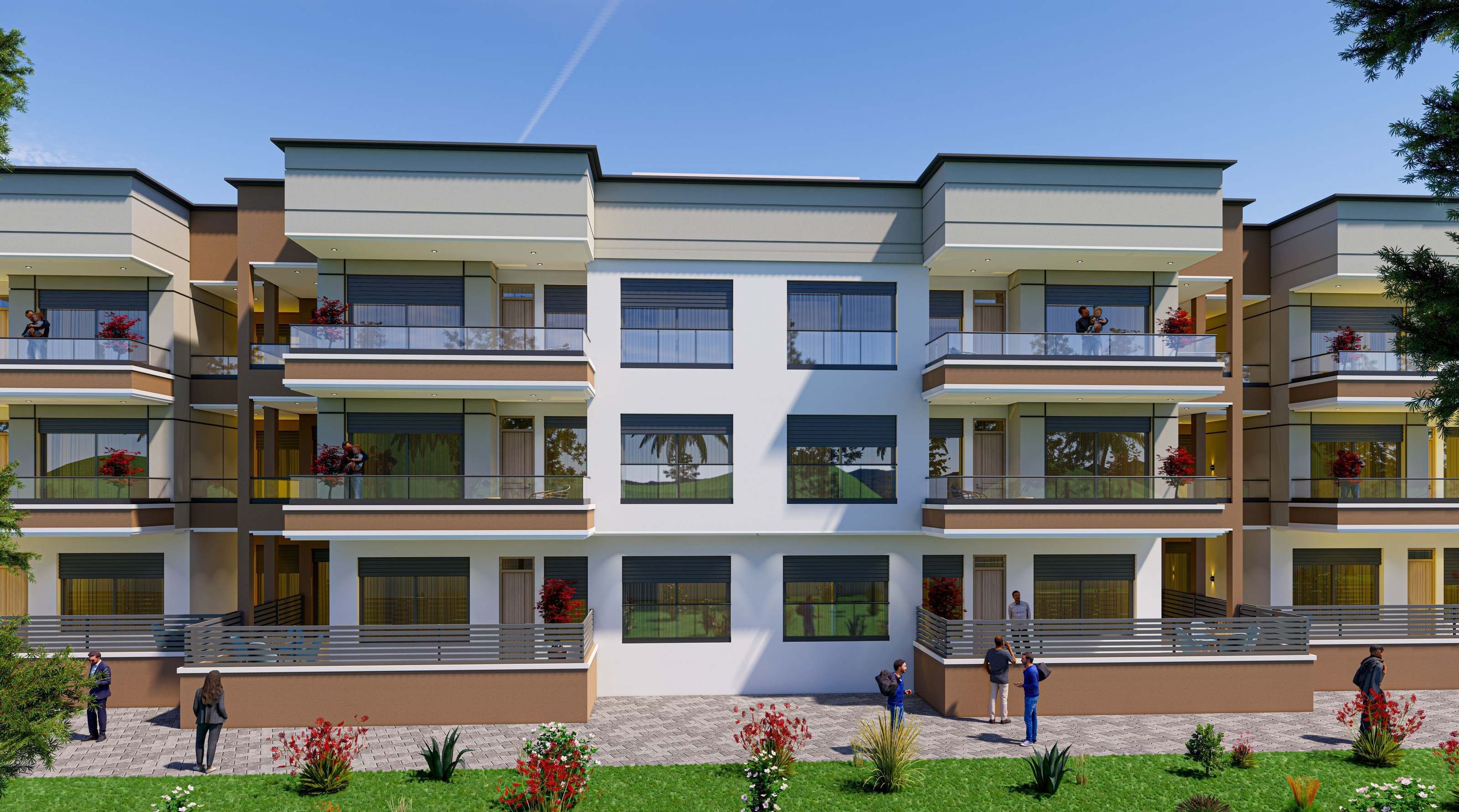 Une façade côté jardin : balcons, rez-de-jardin et pelouse fleurie.