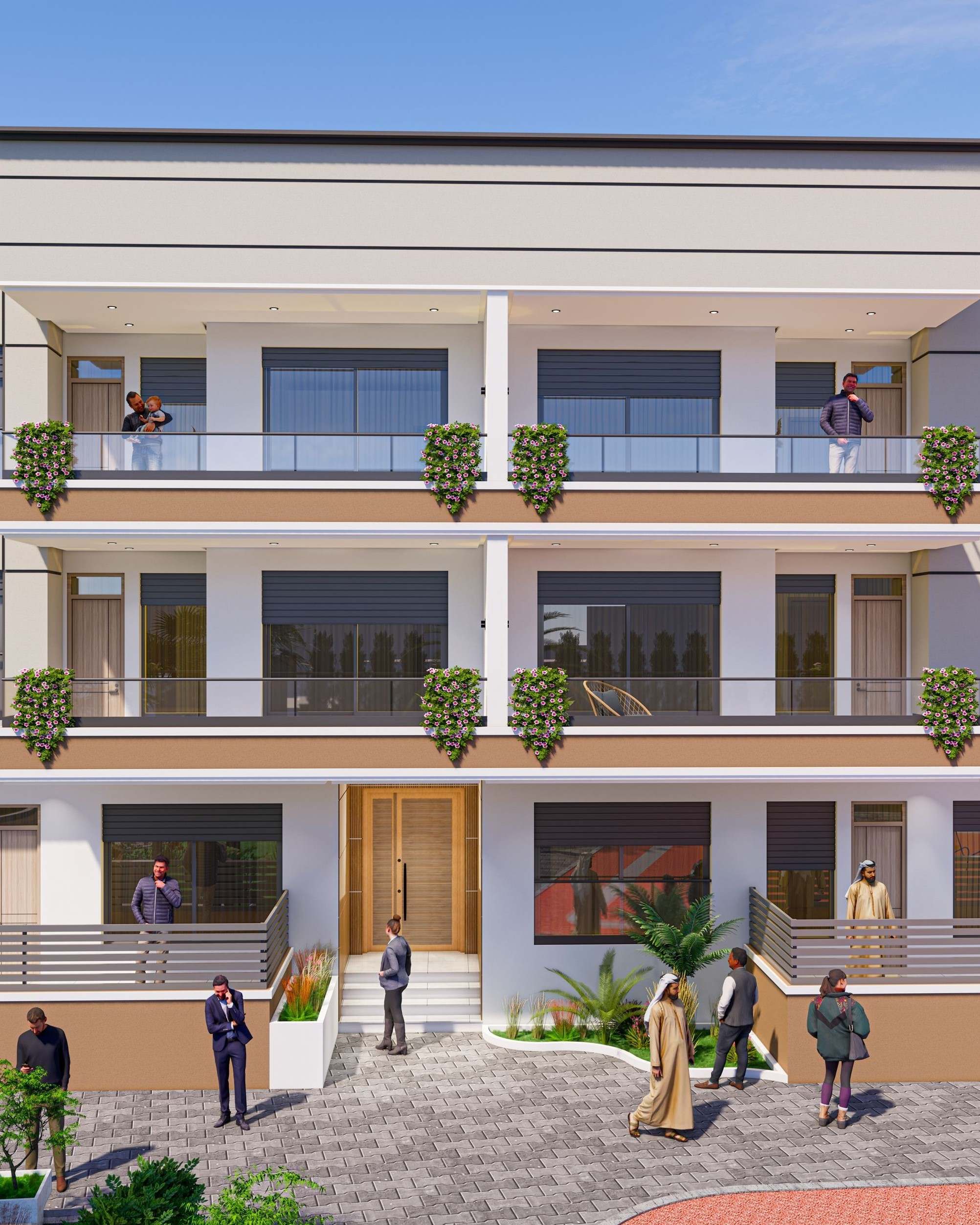 Façade d’un immeuble de la Résidence Badr : balcons fleuris et hall d’entrée en bois — perspective d’architecte.