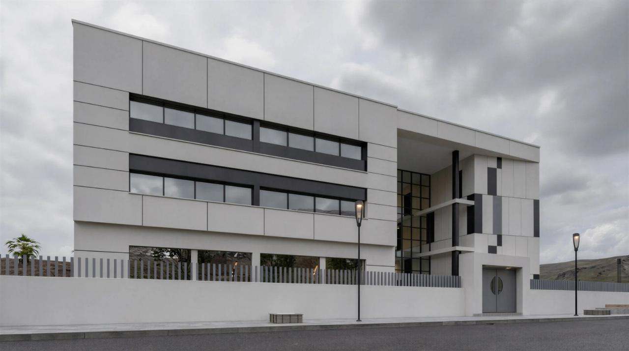 Vue d’architecte, autre série : la façade sur rue en oblique, ses deux bandeaux vitrés, la cage d’escalier vitrée et la porte à hublot à l’angle.