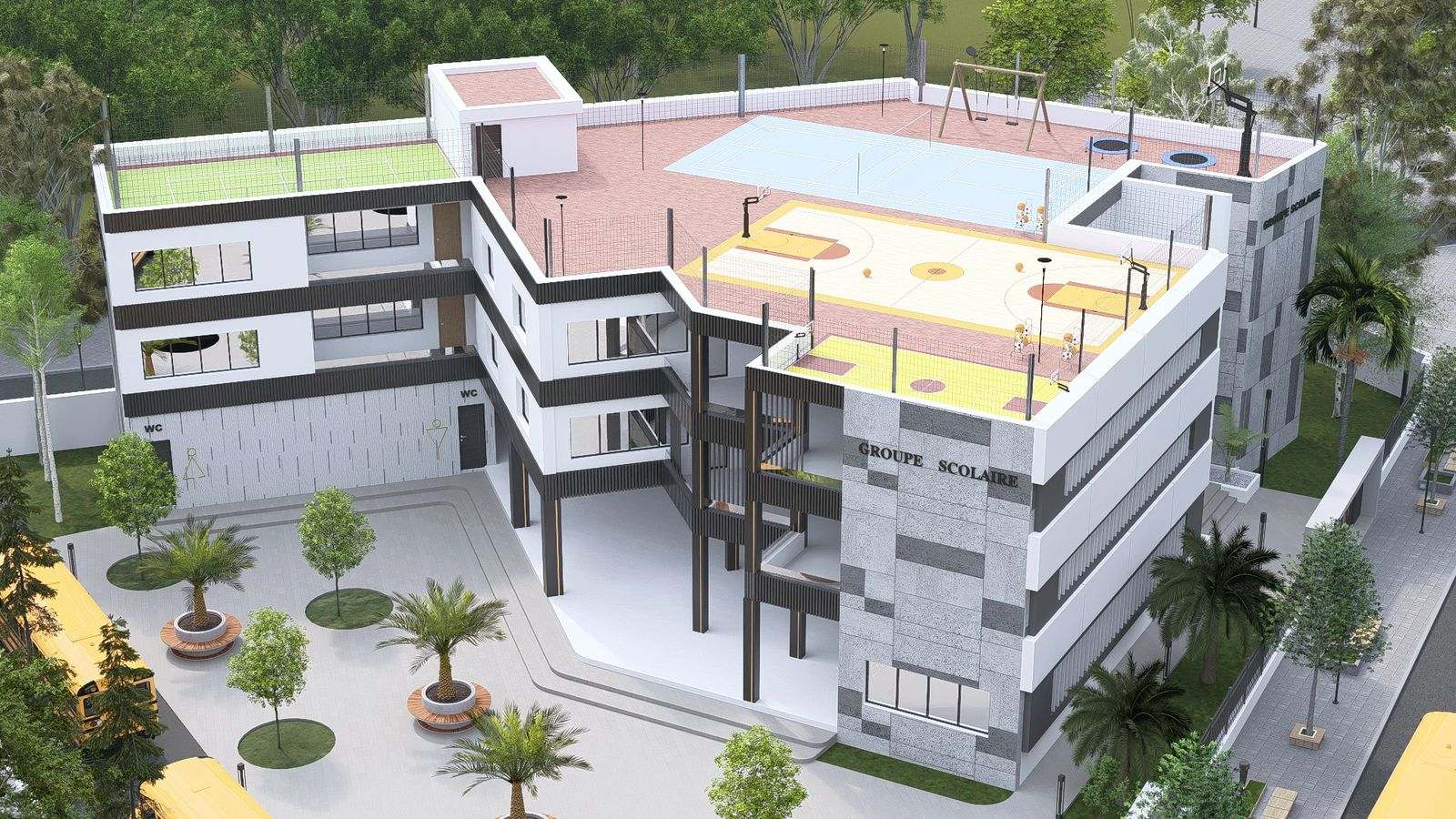 Vue d’architecte : le toit sportif, avec son terrain de basket, son court bleu, sa balançoire et ses trampolines, au-dessus de la tour de pierre.