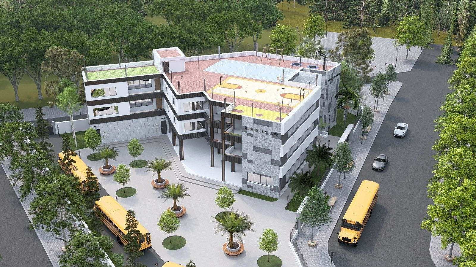 Vue d’architecte : le groupe scolaire vu du ciel, de jour, avec la cour plantée, les galeries et le toit sportif.