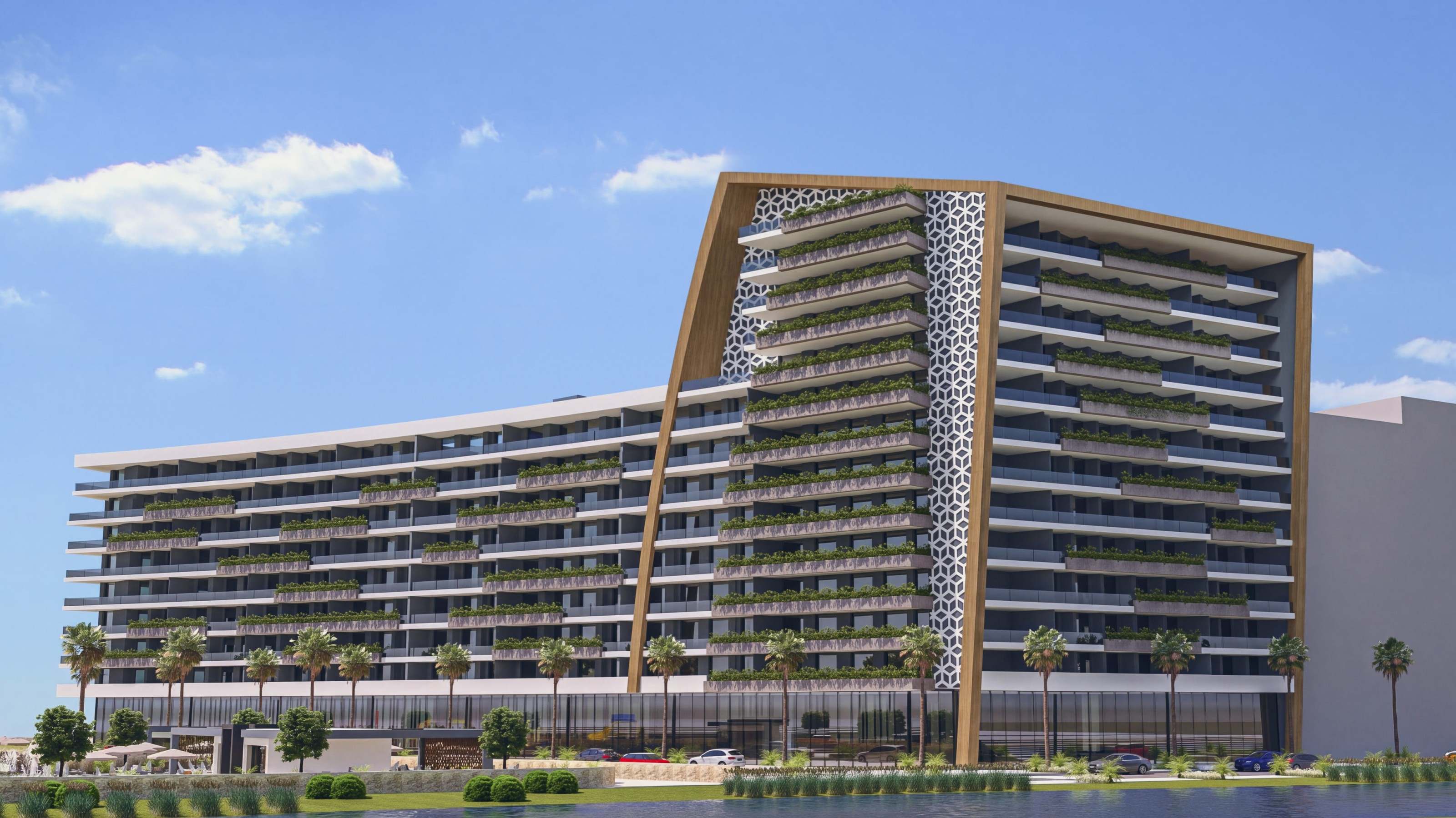 Détail de façade à Hay El Matar : balcons plantés et moucharabieh blanc, dans le grand cadre de bois doré — perspective de l’architecte.