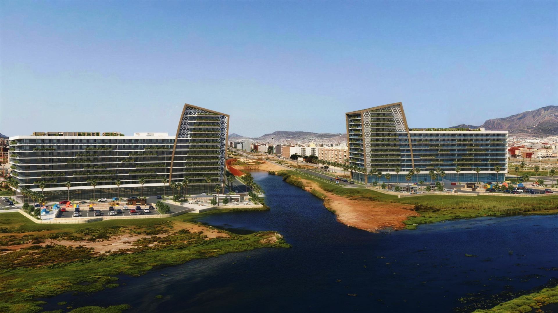 Perspective de l’architecte : les deux tours de Hay El Matar, de part et d’autre du canal qui rejoint la lagune de Nador.