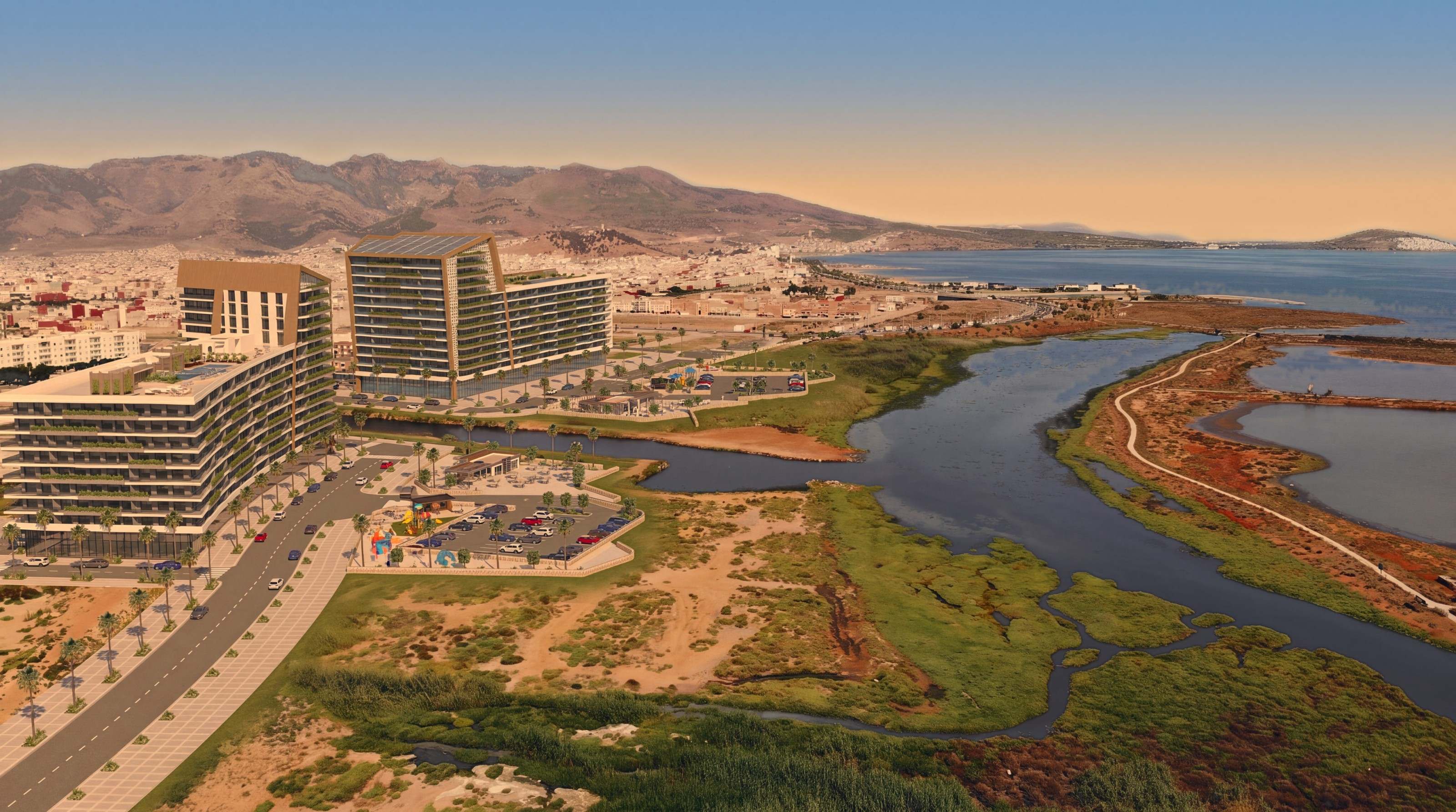 Vue aérienne de Hay El Matar, du canal et de la lagune de Nador — perspective d’architecte, variante de lumière « heure dorée ».