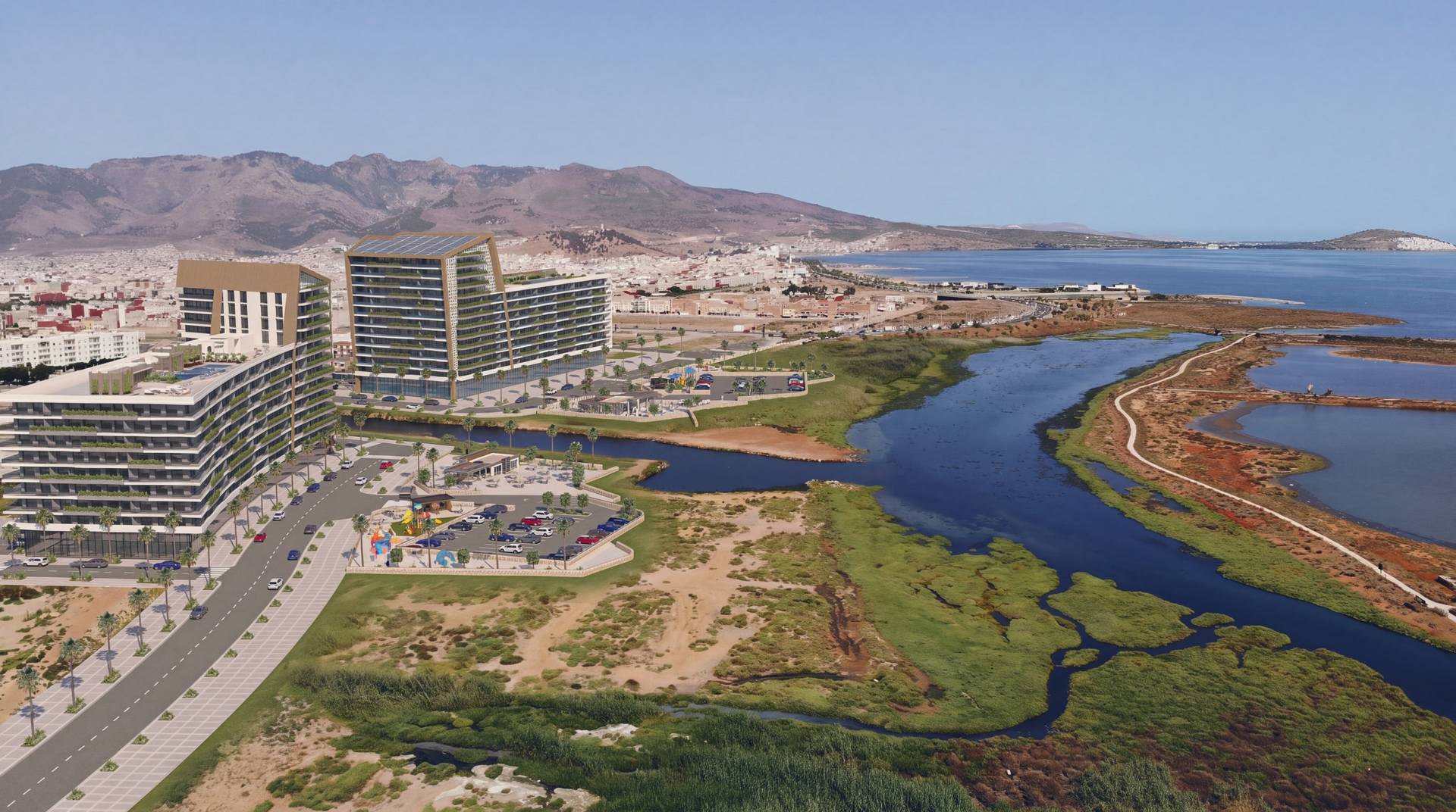 Vue aérienne de Hay El Matar, du canal et de la lagune de Nador — perspective d’architecte.